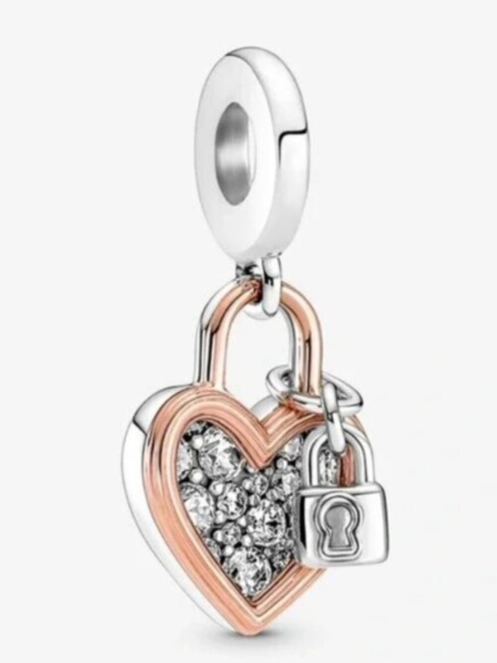 Pandora Two-Tone Rose Gold & Silver Pave Heart Lock Dangle Charm